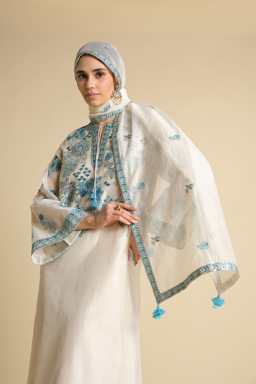 Akshiti Embroidered Mul Stole - Ivory, Ivory, image 1